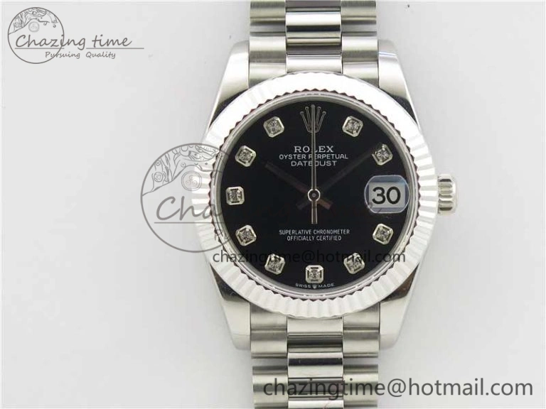Datejust 31mm 278275 SS BP Maker Best Edition Black Crystals Markers Dial on SS President Bracelet