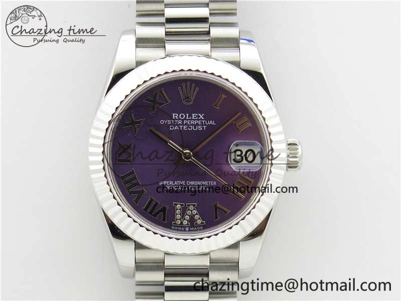 Datejust 31mm 278275 SS BP Maker Best Edition Purple Roman Dial Crystal @6 on SS President Bracelet