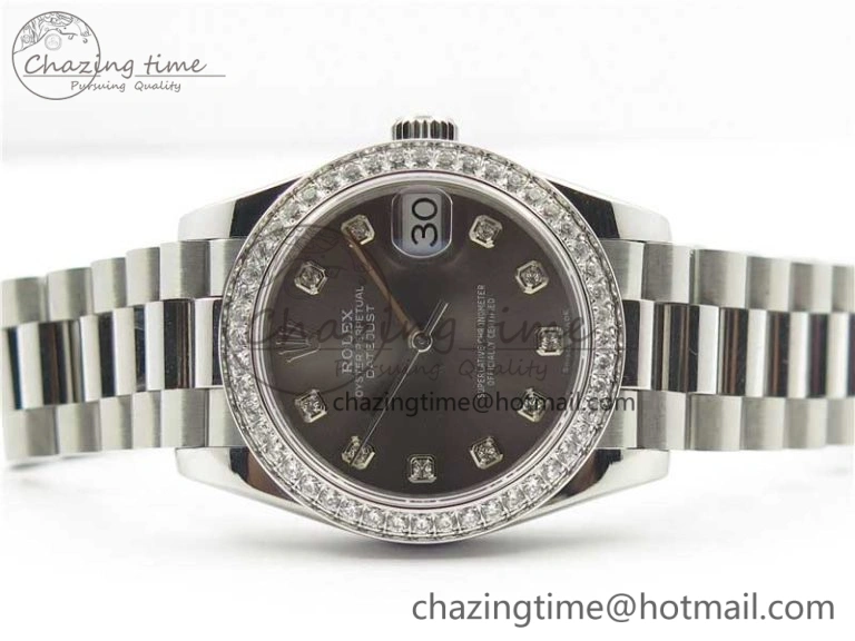 Datejust 31mm 278275 SS Crystal Bezel BP Maker Best Edition Gray Crystals Markers Dial on SS President Bracelet