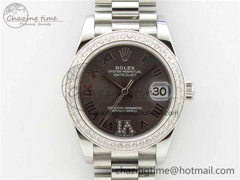 Datejust 31mm 278275 SS Crystal Bezel BP Maker Best Edition Gray Roman Dial Crystal @6 on SS President Bracelet
