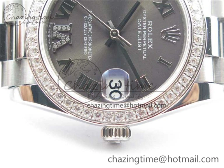 Datejust 31mm 278275 SS Crystal Bezel BP Maker Best Edition Gray Roman Dial Crystal @6 on SS President Bracelet