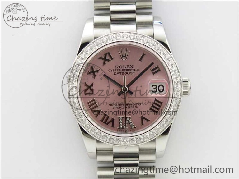 Datejust 31mm 278275 SS Crystal Bezel BP Maker Best Edition Pink Roman Dial Crystal @6 on SS President Bracelet