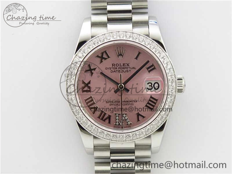 Datejust 31mm 278275 SS Crystal Bezel BP Maker Best Edition Pink Roman Dial Crystal @6 on SS President Bracelet