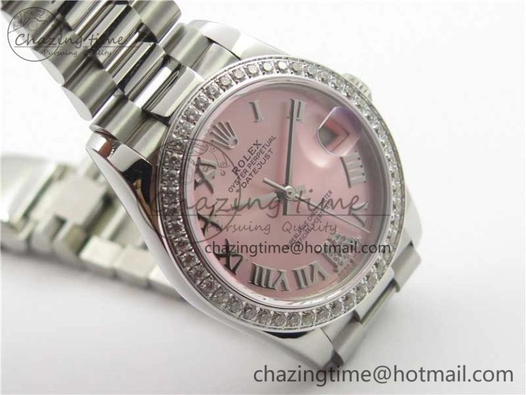 Datejust 31mm 278275 SS Crystal Bezel BP Maker Best Edition Pink Roman Dial Crystal @6 on SS President Bracelet