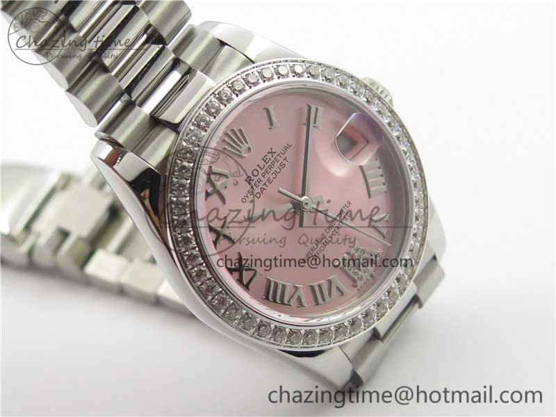 Datejust 31mm 278275 SS Crystal Bezel BP Maker Best Edition Pink Roman Dial Crystal @6 on SS President Bracelet