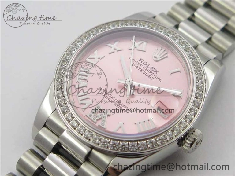 Datejust 31mm 278275 SS Crystal Bezel BP Maker Best Edition Pink Roman Dial Crystal @6 on SS President Bracelet