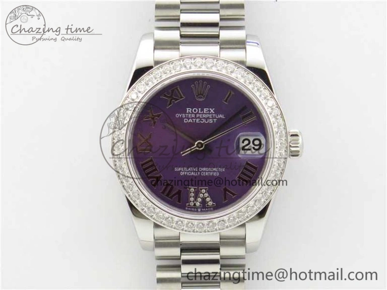 Datejust 31mm 278275 SS Crystal Bezel BP Maker Best Edition Purple Roman Dial Crystal @6 on SS President Bracelet