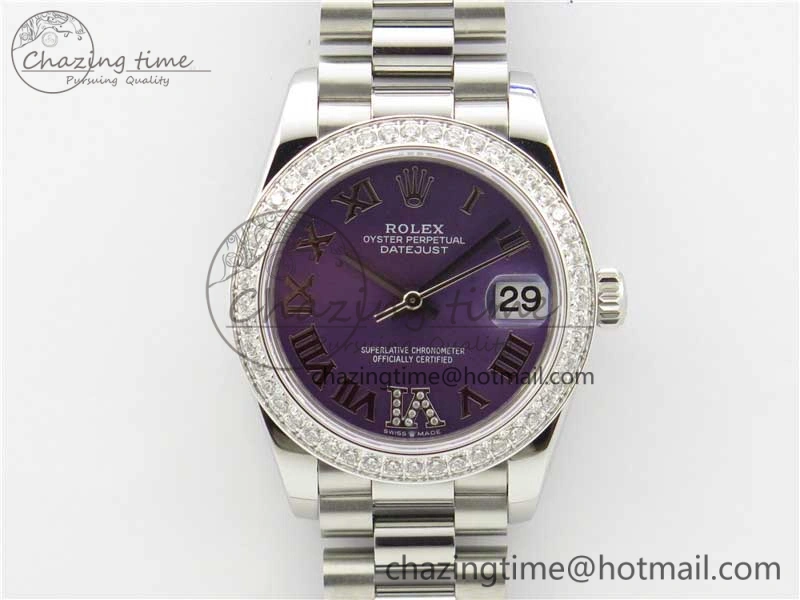 Datejust 31mm 278275 SS Crystal Bezel BP Maker Best Edition Purple Roman Dial Crystal @6 on SS President Bracelet