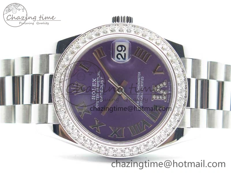 Datejust 31mm 278275 SS Crystal Bezel BP Maker Best Edition Purple Roman Dial Crystal @6 on SS President Bracelet