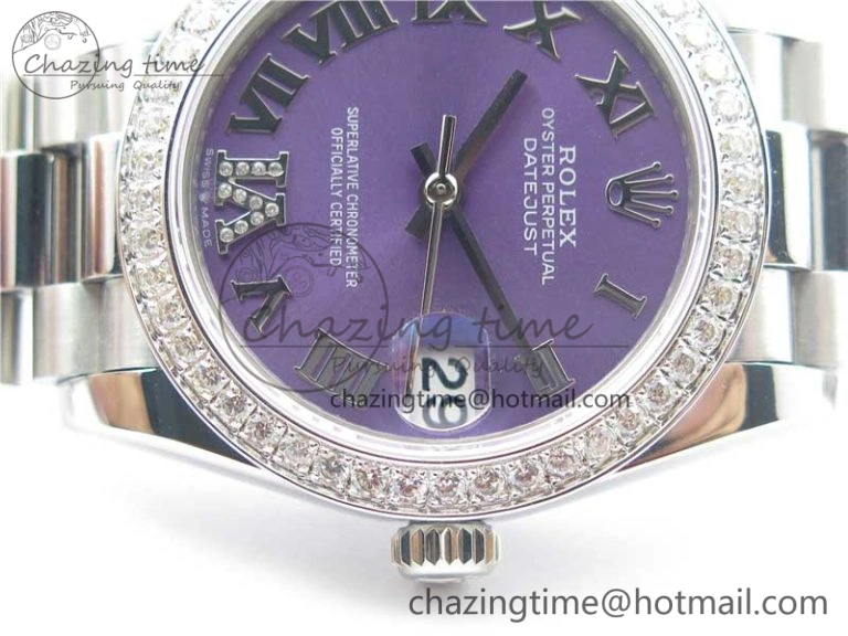Datejust 31mm 278275 SS Crystal Bezel BP Maker Best Edition Purple Roman Dial Crystal @6 on SS President Bracelet