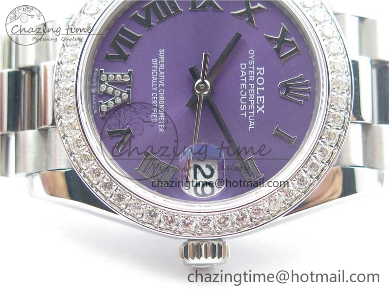 Datejust 31mm 278275 SS Crystal Bezel BP Maker Best Edition Purple Roman Dial Crystal @6 on SS President Bracelet