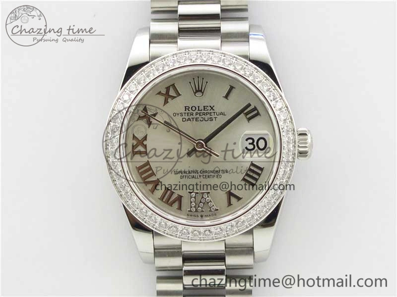 Datejust 31mm 278275 SS Crystal Bezel BP Maker Best Edition Silver Roman Dial Crystal @6 on SS President Bracelet