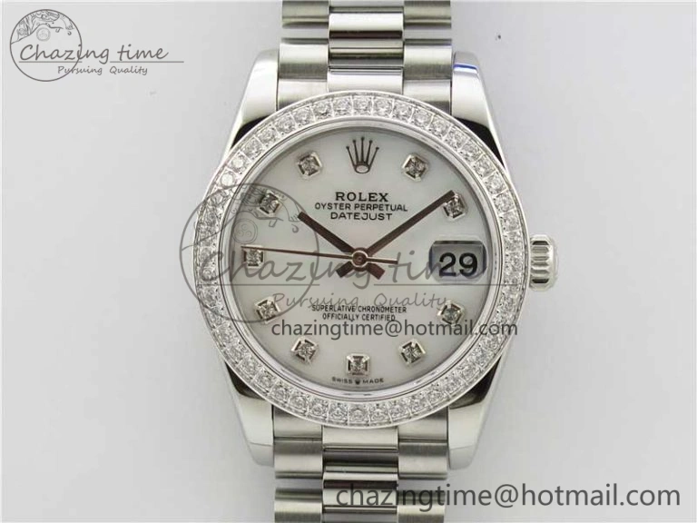 Datejust 31mm 278275 SS Crystal Bezel BP Maker Best Edition White Mop Dial Crystal on SS President Bracelet