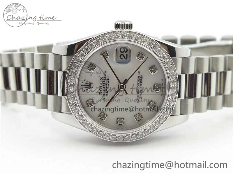 Datejust 31mm 278275 SS Crystal Bezel BP Maker Best Edition White Mop Dial Crystal on SS President Bracelet