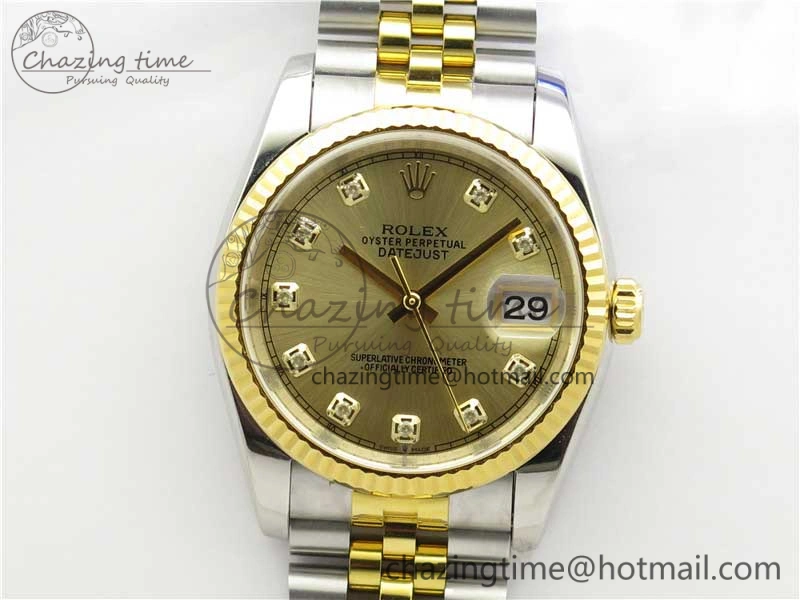 Datejust 36mm 116234 904L SS YG DJF 1:1 Best Edition Yellow Dial Diam Markers On SS YG Jubilee Bracelet A2824