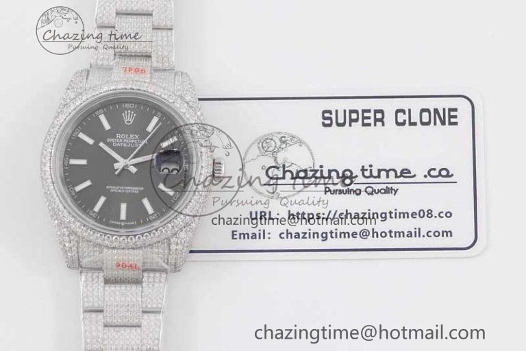 Datejust 41 SS Full Diamonds TWF 1:1 Best Edition Black Stick Markers Dial on Bracelet A2824