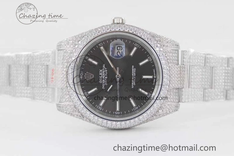 Datejust 41 SS Full Diamonds TWF 1:1 Best Edition Black Stick Markers Dial on Bracelet A2824