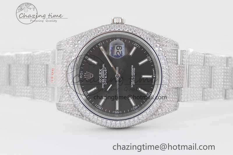 Datejust 41 SS Full Diamonds TWF 1:1 Best Edition Black Stick Markers Dial on Bracelet A2824