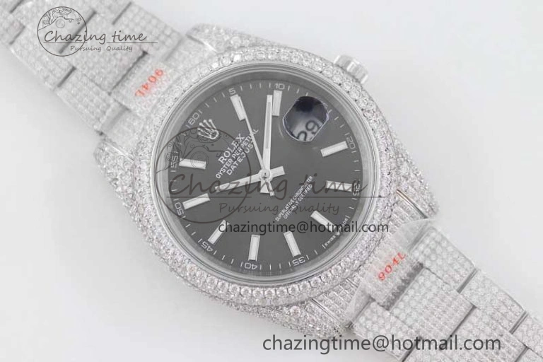 Datejust 41 SS Full Diamonds TWF 1:1 Best Edition Black Stick Markers Dial on Bracelet A2824