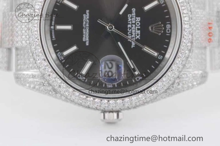 Datejust 41 SS Full Diamonds TWF 1:1 Best Edition Black Stick Markers Dial on Bracelet A2824
