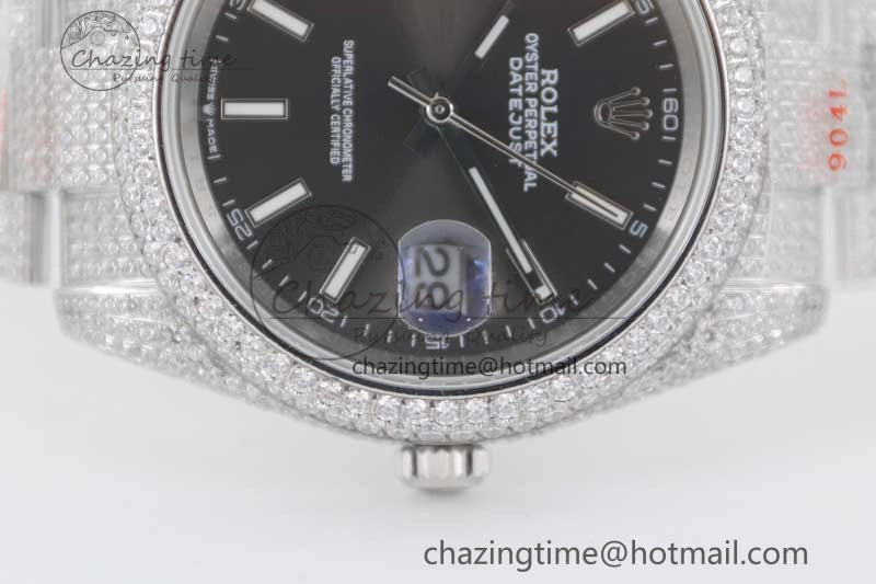 Datejust 41 SS Full Diamonds TWF 1:1 Best Edition Black Stick Markers Dial on Bracelet A2824