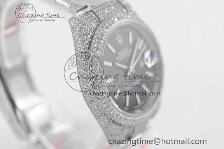 Datejust 41 SS Full Diamonds TWF 1:1 Best Edition Black Stick Markers Dial on Bracelet A2824