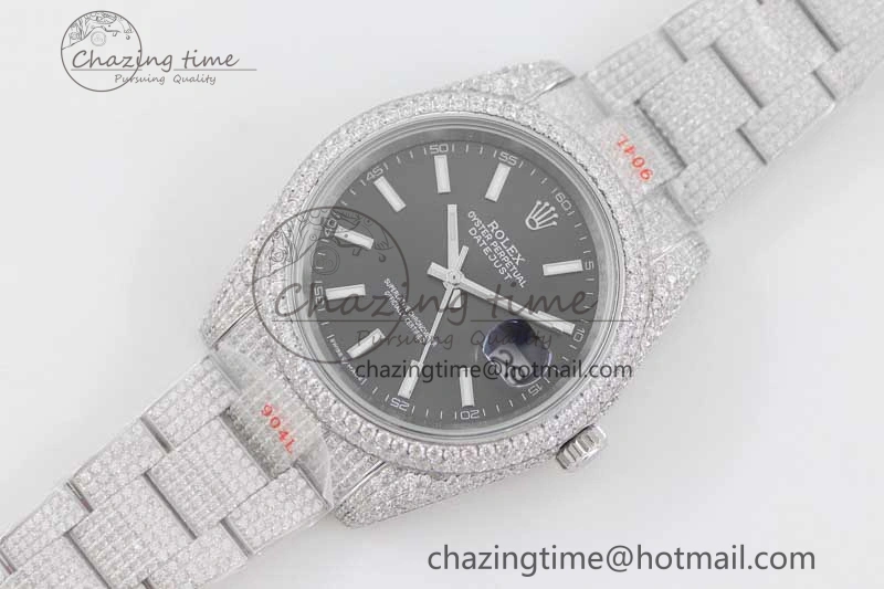 Datejust 41 SS Full Diamonds TWF 1:1 Best Edition Black Stick Markers Dial on Bracelet A2824