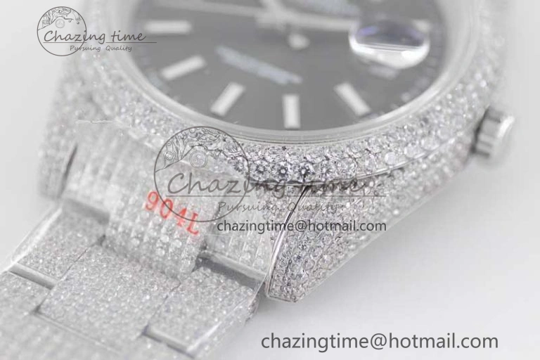 Datejust 41 SS Full Diamonds TWF 1:1 Best Edition Black Stick Markers Dial on Bracelet A2824