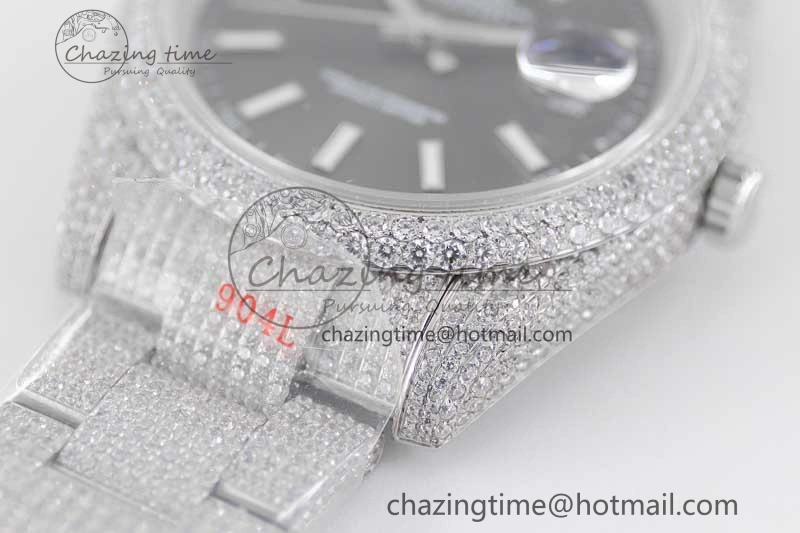 Datejust 41 SS Full Diamonds TWF 1:1 Best Edition Black Stick Markers Dial on Bracelet A2824