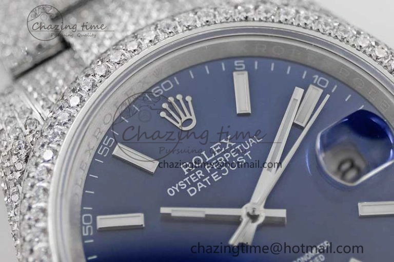 Datejust 41 SS Full Diamonds TWF 1:1 Best Edition Blue Stick Markers Dial on Bracelet A2824