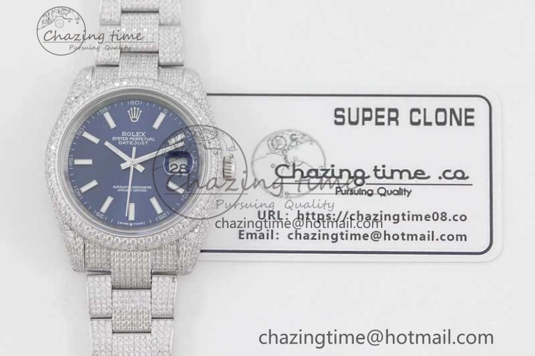 Datejust 41 SS Full Diamonds TWF 1:1 Best Edition Blue Stick Markers Dial on Bracelet A2824