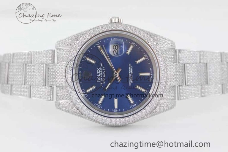 Datejust 41 SS Full Diamonds TWF 1:1 Best Edition Blue Stick Markers Dial on Bracelet A2824