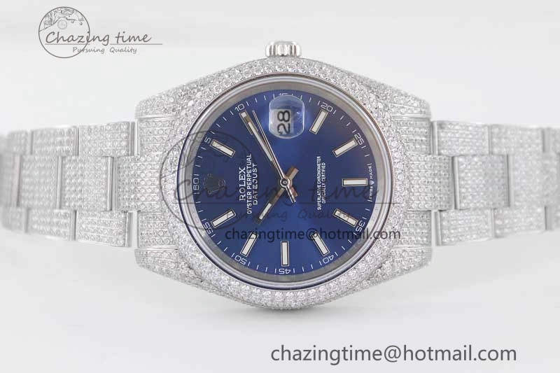 Datejust 41 SS Full Diamonds TWF 1:1 Best Edition Blue Stick Markers Dial on Bracelet A2824