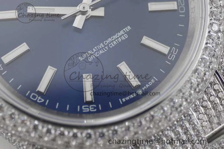 Datejust 41 SS Full Diamonds TWF 1:1 Best Edition Blue Stick Markers Dial on Bracelet A2824