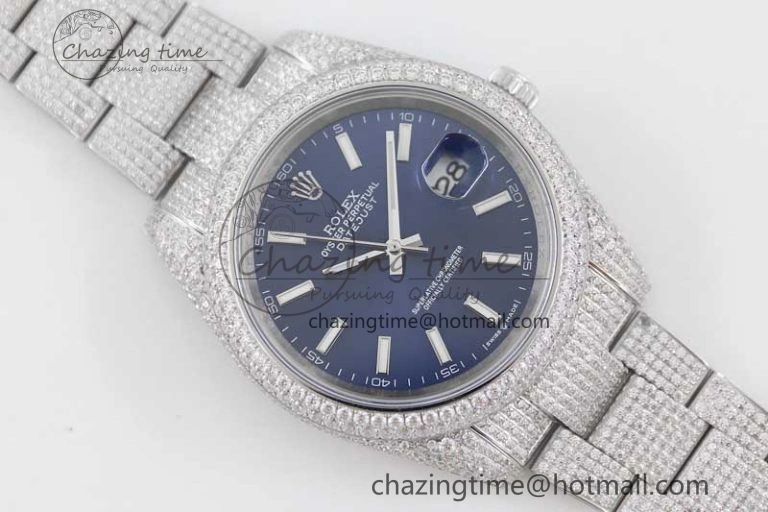Datejust 41 SS Full Diamonds TWF 1:1 Best Edition Blue Stick Markers Dial on Bracelet A2824