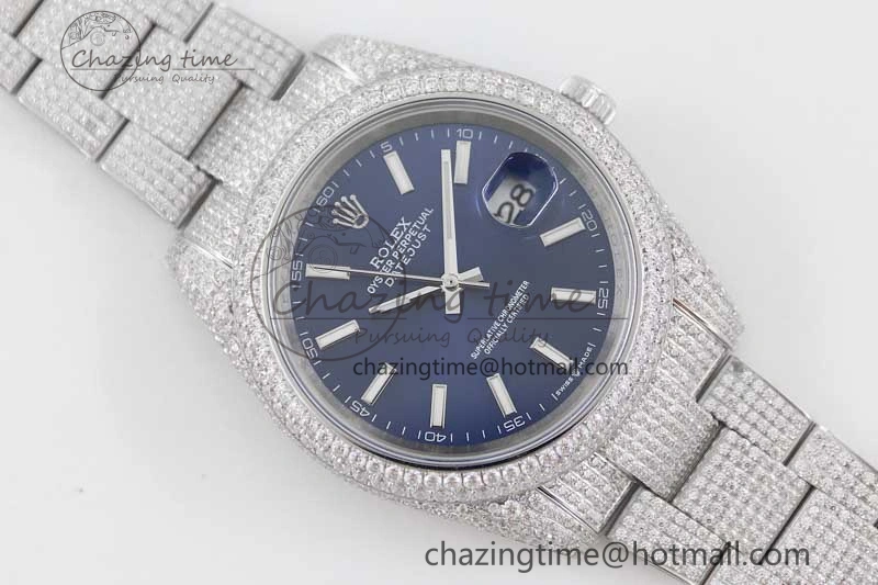 Datejust 41 SS Full Diamonds TWF 1:1 Best Edition Blue Stick Markers Dial on Bracelet A2824