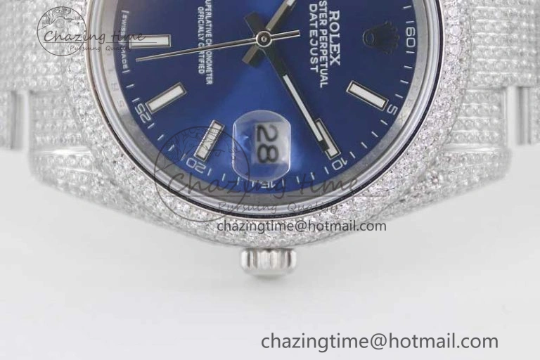 Datejust 41 SS Full Diamonds TWF 1:1 Best Edition Blue Stick Markers Dial on Bracelet A2824