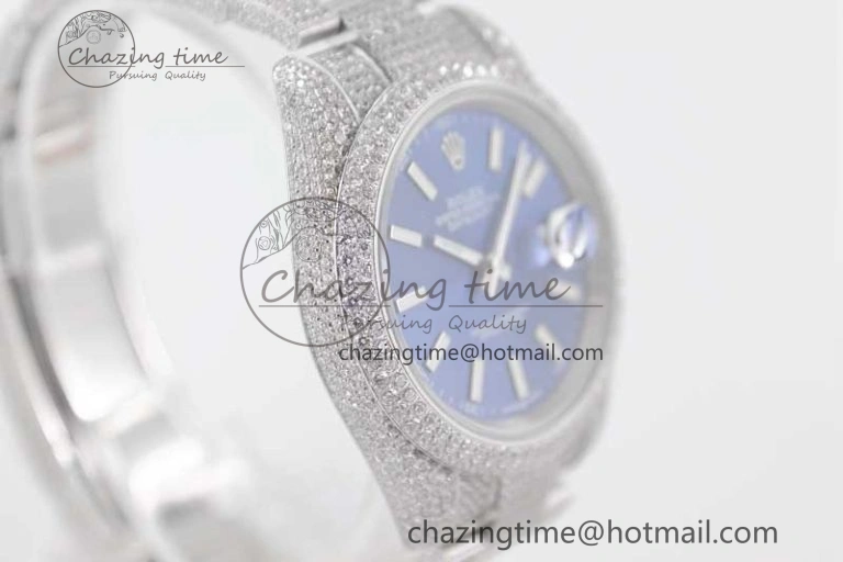 Datejust 41 SS Full Diamonds TWF 1:1 Best Edition Blue Stick Markers Dial on Bracelet A2824