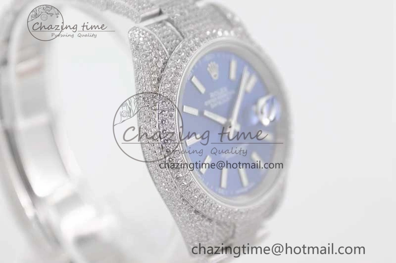 Datejust 41 SS Full Diamonds TWF 1:1 Best Edition Blue Stick Markers Dial on Bracelet A2824
