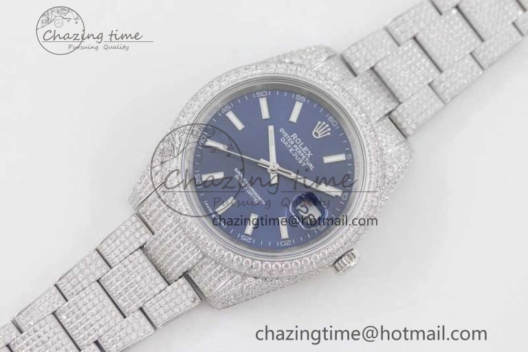 Datejust 41 SS Full Diamonds TWF 1:1 Best Edition Blue Stick Markers Dial on Bracelet A2824