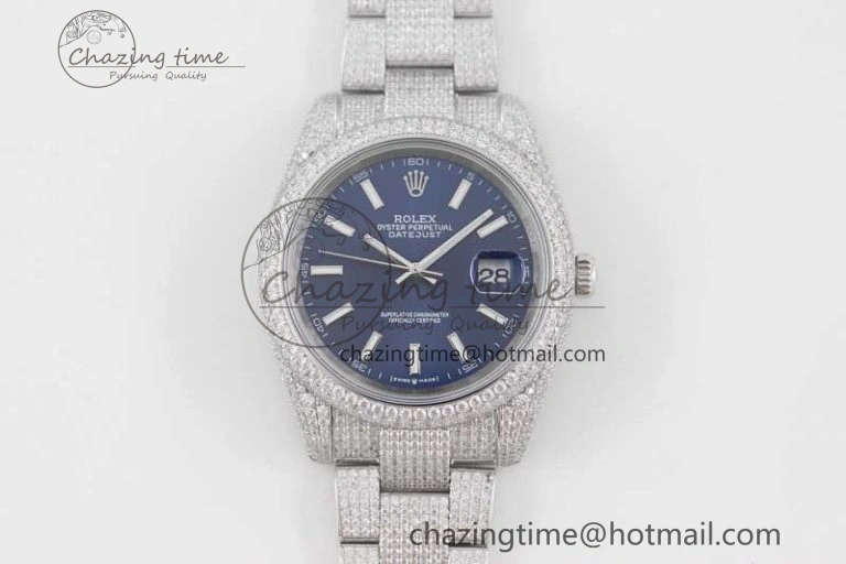 Datejust 41 SS Full Diamonds TWF 1:1 Best Edition Blue Stick Markers Dial on Bracelet A2824