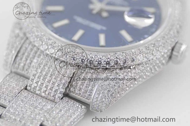 Datejust 41 SS Full Diamonds TWF 1:1 Best Edition Blue Stick Markers Dial on Bracelet A2824
