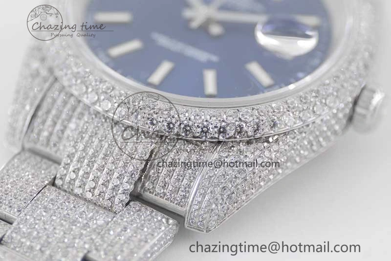 Datejust 41 SS Full Diamonds TWF 1:1 Best Edition Blue Stick Markers Dial on Bracelet A2824