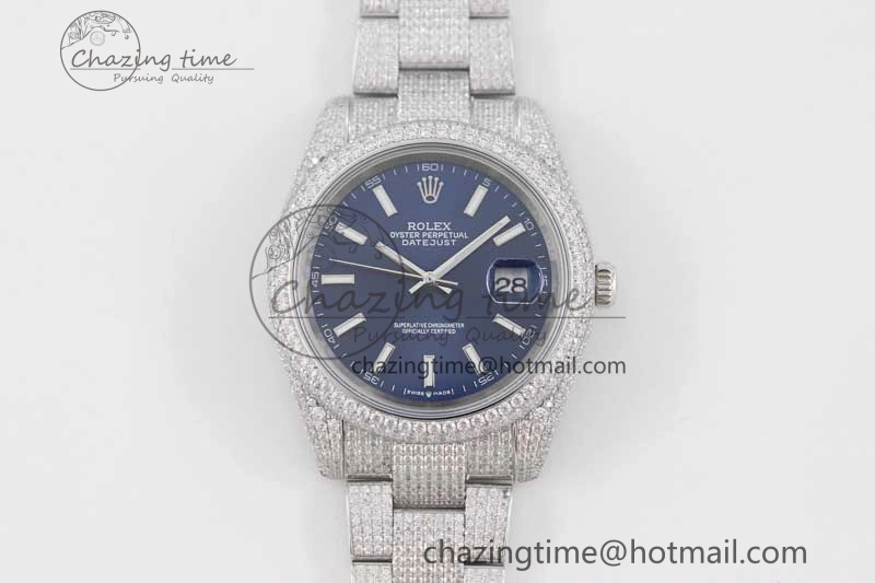 Datejust 41 SS Full Diamonds TWF 1:1 Best Edition Blue Stick Markers Dial on Bracelet A2824