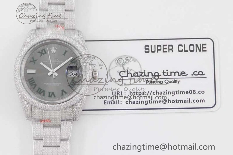 Datejust 41 SS Full Diamonds TWF 1:1 Best Edition Gray Roman Markers Dial on Bracelet A2824