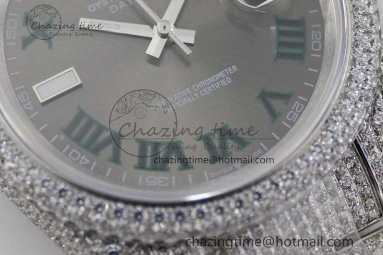 Datejust 41 SS Full Diamonds TWF 1:1 Best Edition Gray Roman Markers Dial on Bracelet A2824