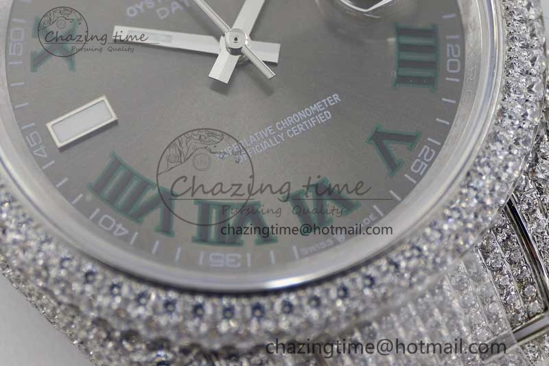 Datejust 41 SS Full Diamonds TWF 1:1 Best Edition Gray Roman Markers Dial on Bracelet A2824