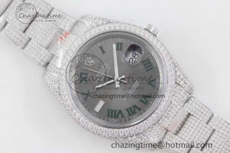 Datejust 41 SS Full Diamonds TWF 1:1 Best Edition Gray Roman Markers Dial on Bracelet A2824