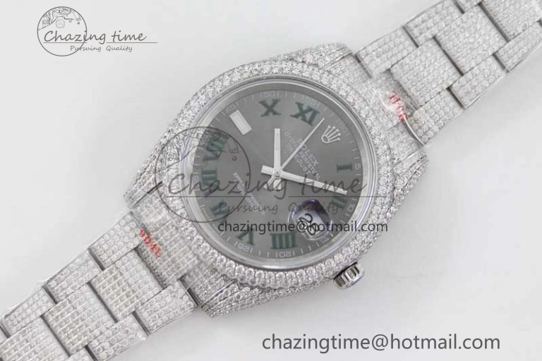 Datejust 41 SS Full Diamonds TWF 1:1 Best Edition Gray Roman Markers Dial on Bracelet A2824