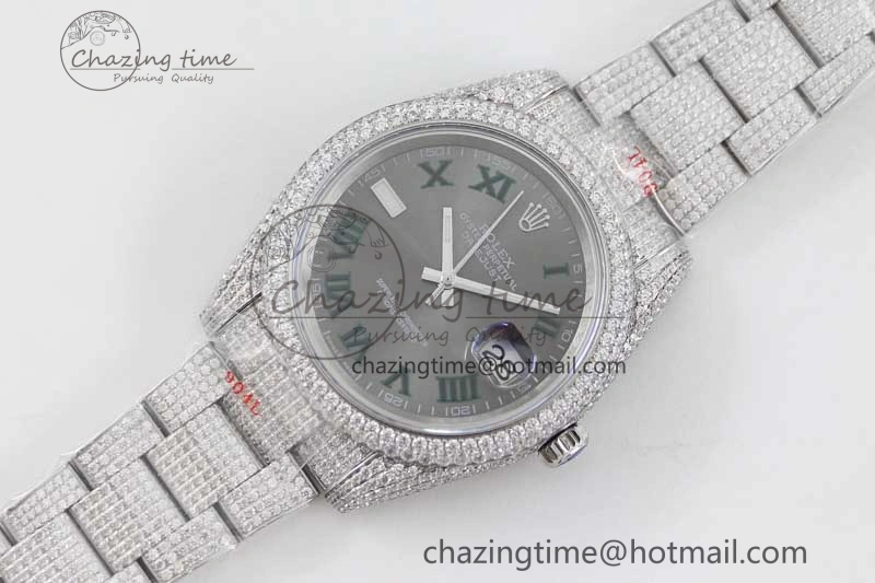 Datejust 41 SS Full Diamonds TWF 1:1 Best Edition Gray Roman Markers Dial on Bracelet A2824